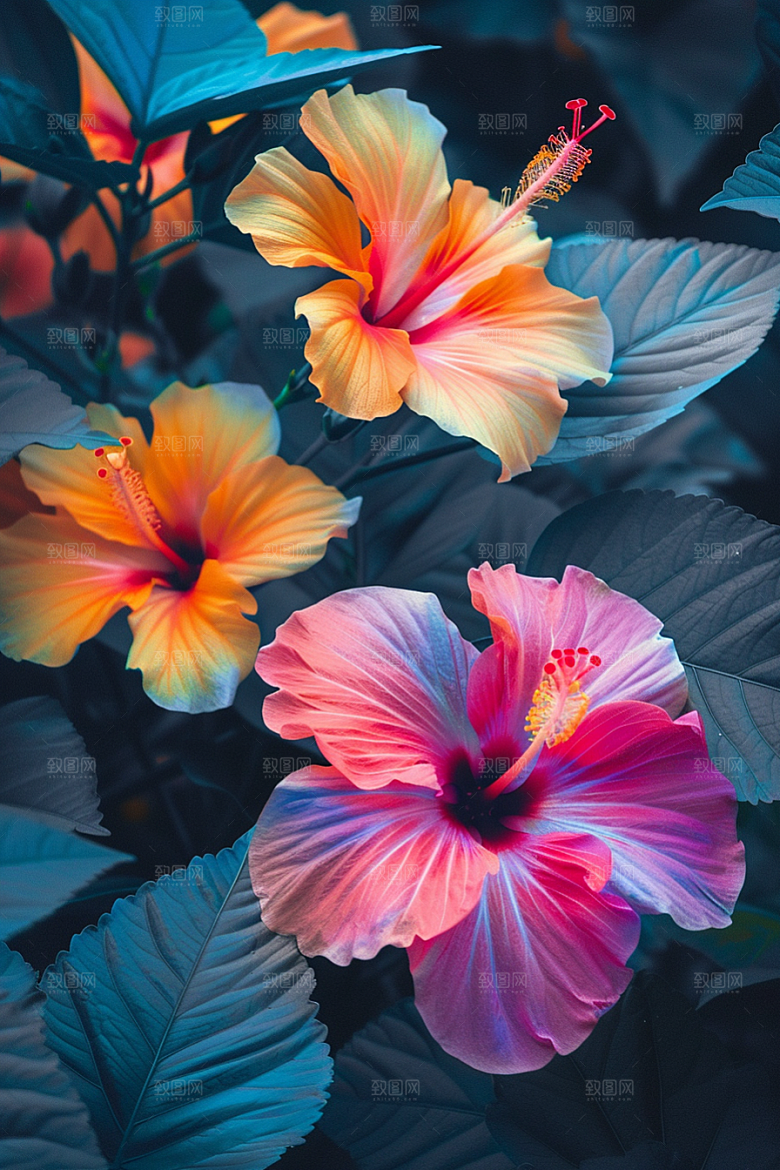 木槿花彩色夏季摄影图
