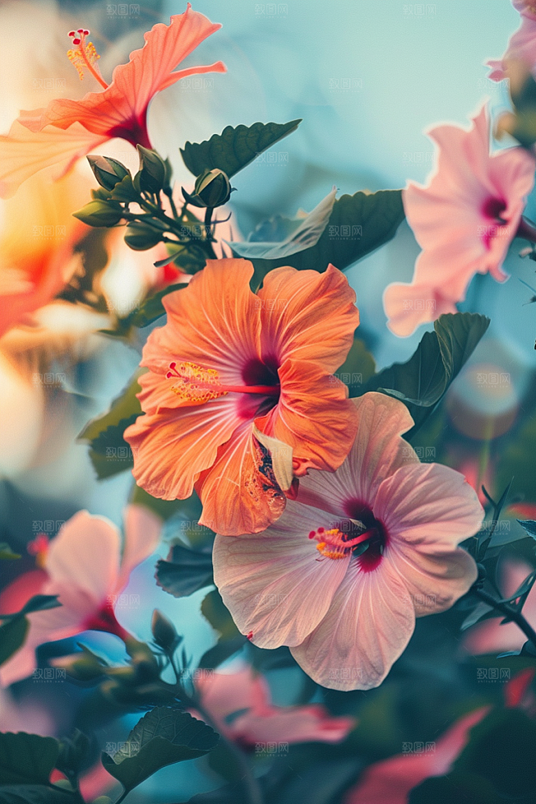 木槿花彩色夏天摄影图