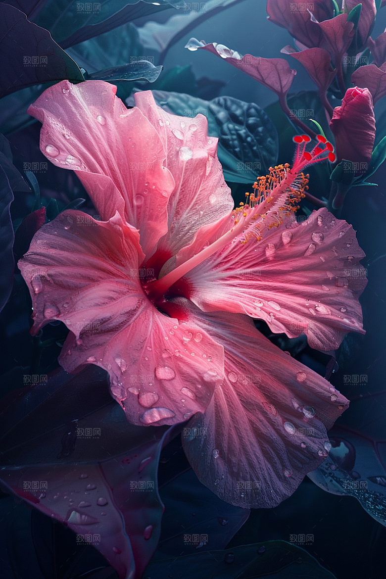 木槿花唯美彩色摄影图