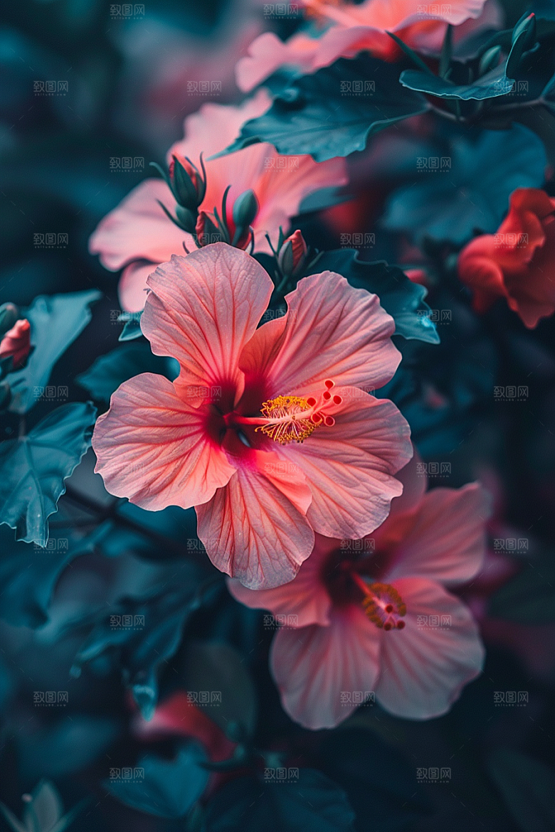 木槿花彩色夏季摄影图