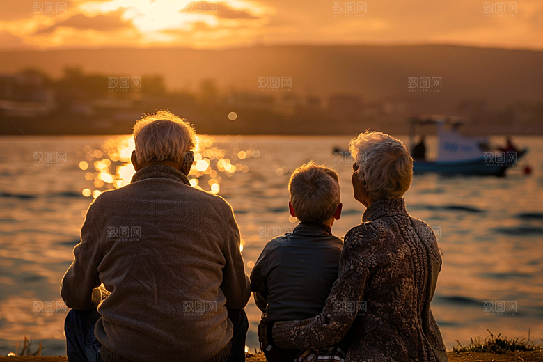 老人目送孩子离家亲情夕阳红摄影图