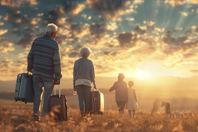 老人目送孩子离家夕阳红亲情摄影图