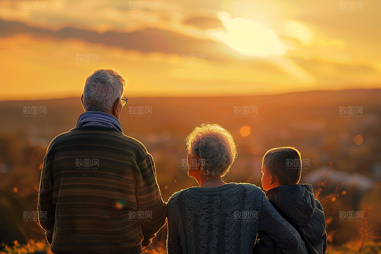 老人目送孩子离家远行夕阳红摄影图