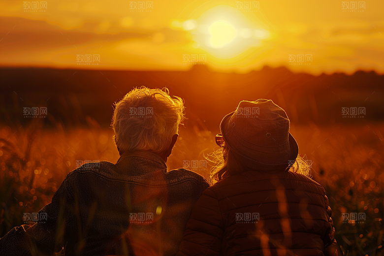 老人目送孩子离家家庭夕阳红摄影图