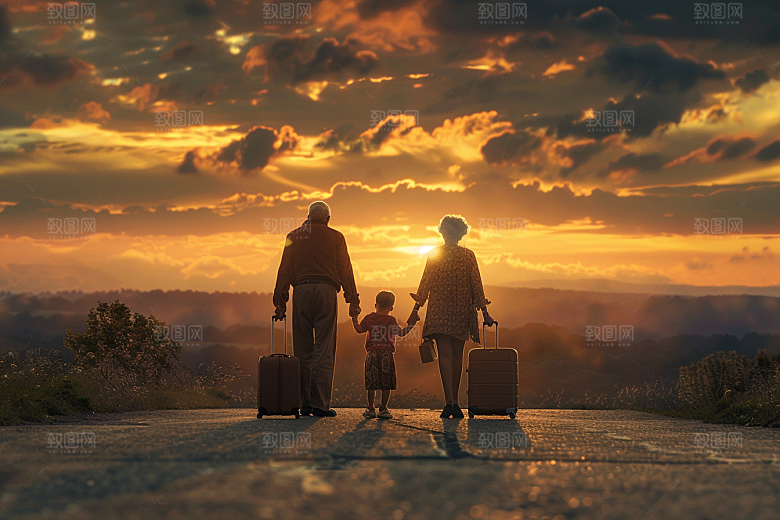 老人目送孩子离家夕阳红远行摄影图