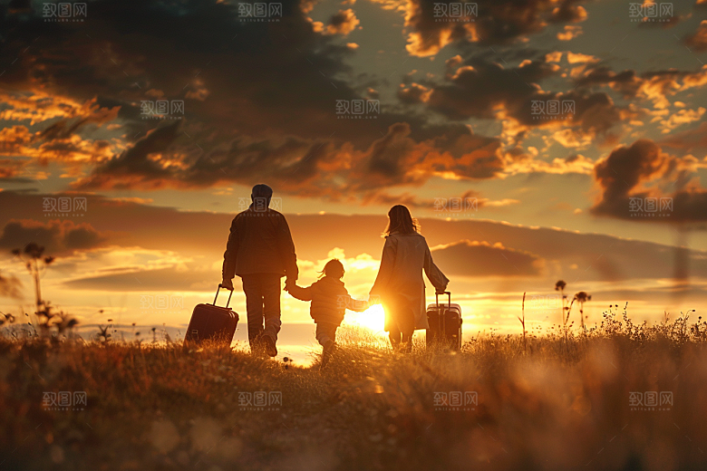老人目送孩子离家夕阳红暖色摄影图