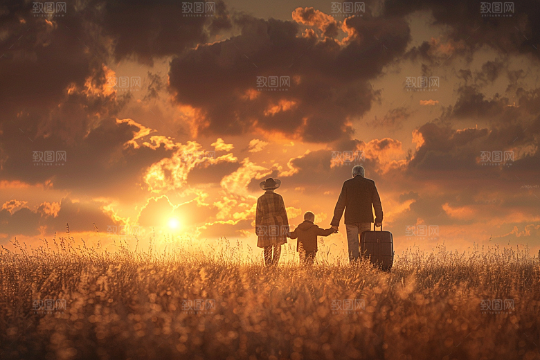 老人目送孩子离家家庭夕阳红摄影图