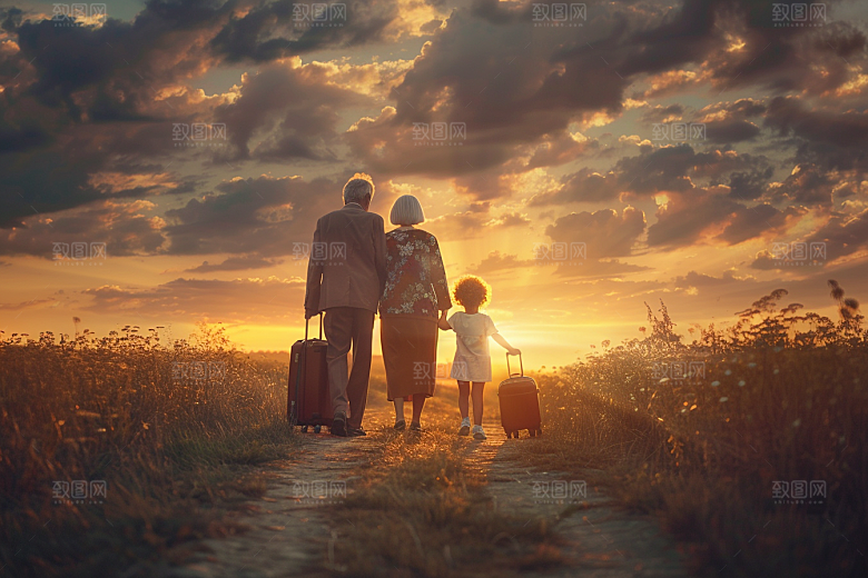 老人目送孩子离家家人夕阳红摄影图