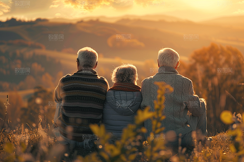 老人目送孩子离家暖色夕阳红摄影图