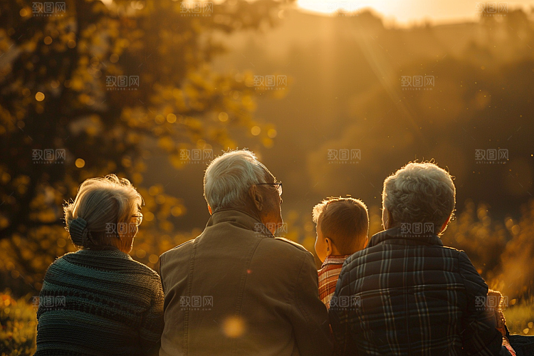 老人目送孩子离家温馨夕阳红摄影图