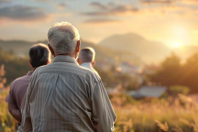老人目送孩子离家夕阳红留守老人摄影图
