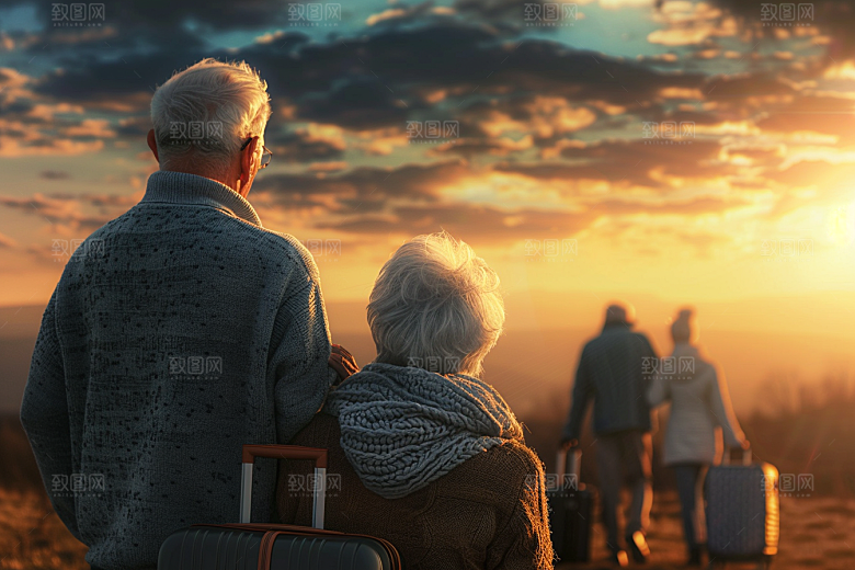 老人目送孩子离家温馨夕阳红摄影图