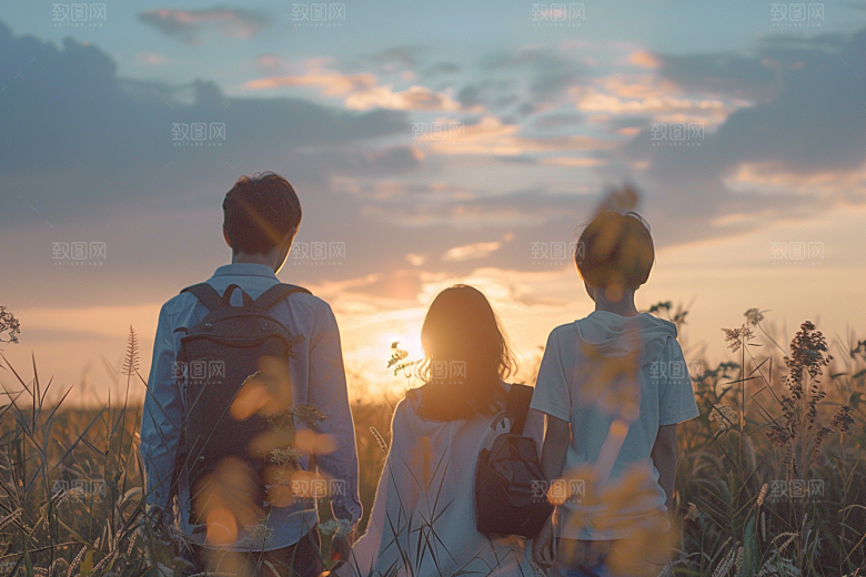 老人目送孩子离家夕阳红远行摄影图