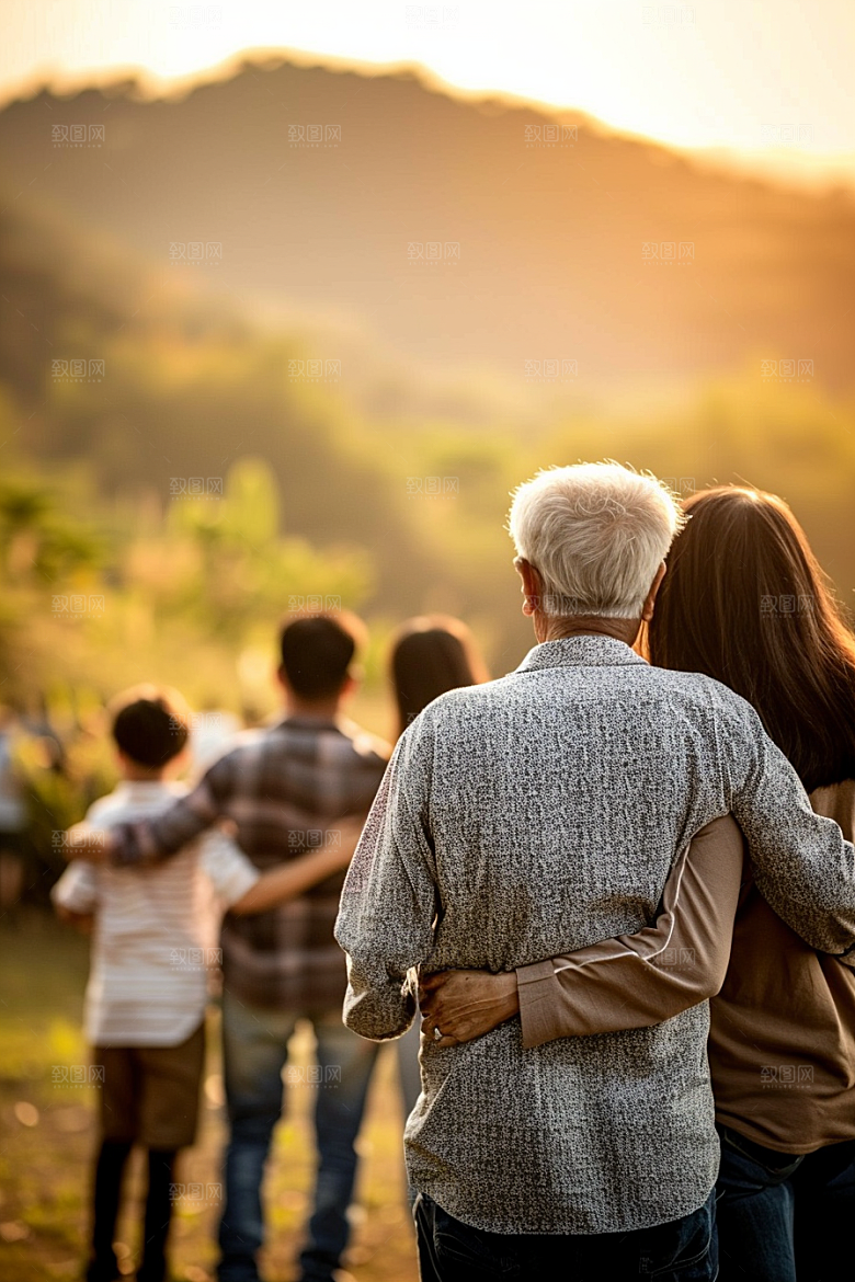 老人目送孩子离家高清夕阳红摄影图