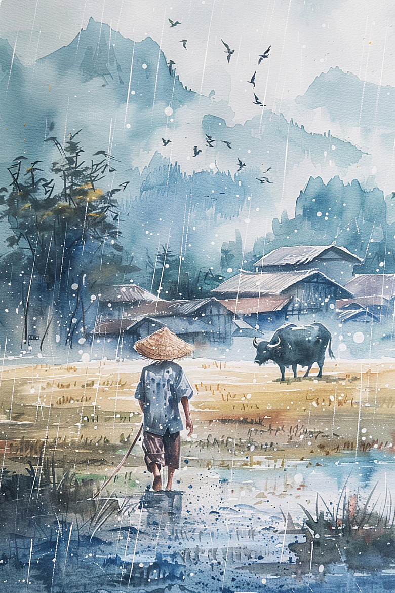 牧童骑牛清明节高清插画