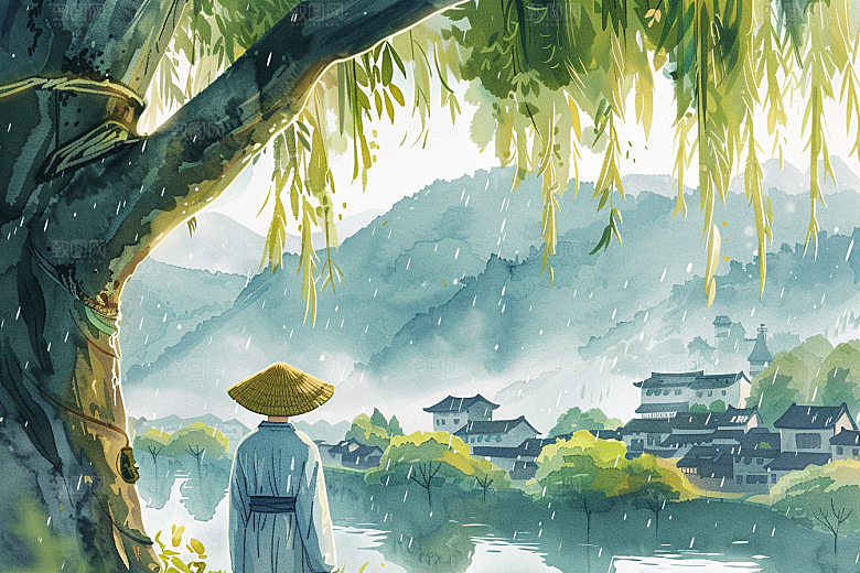 牧童骑牛吹笛清新插画