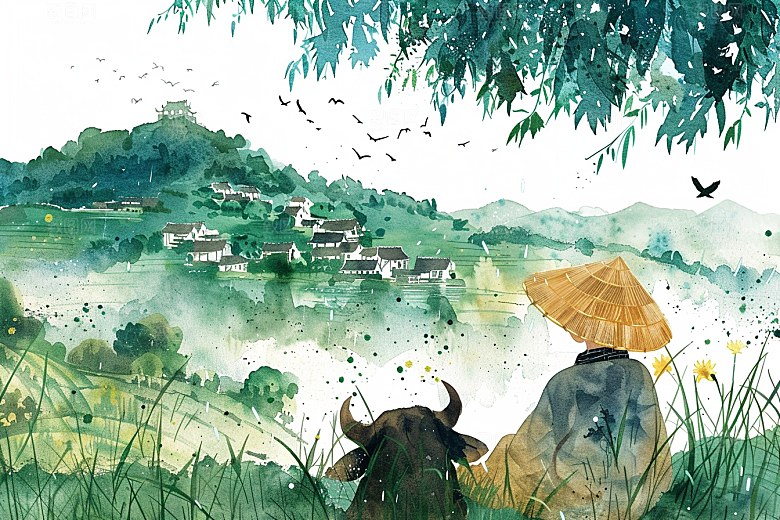牧童骑牛手绘清明节插画