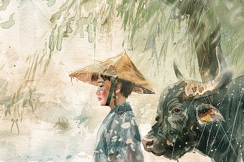牧童骑牛吹笛高清插画