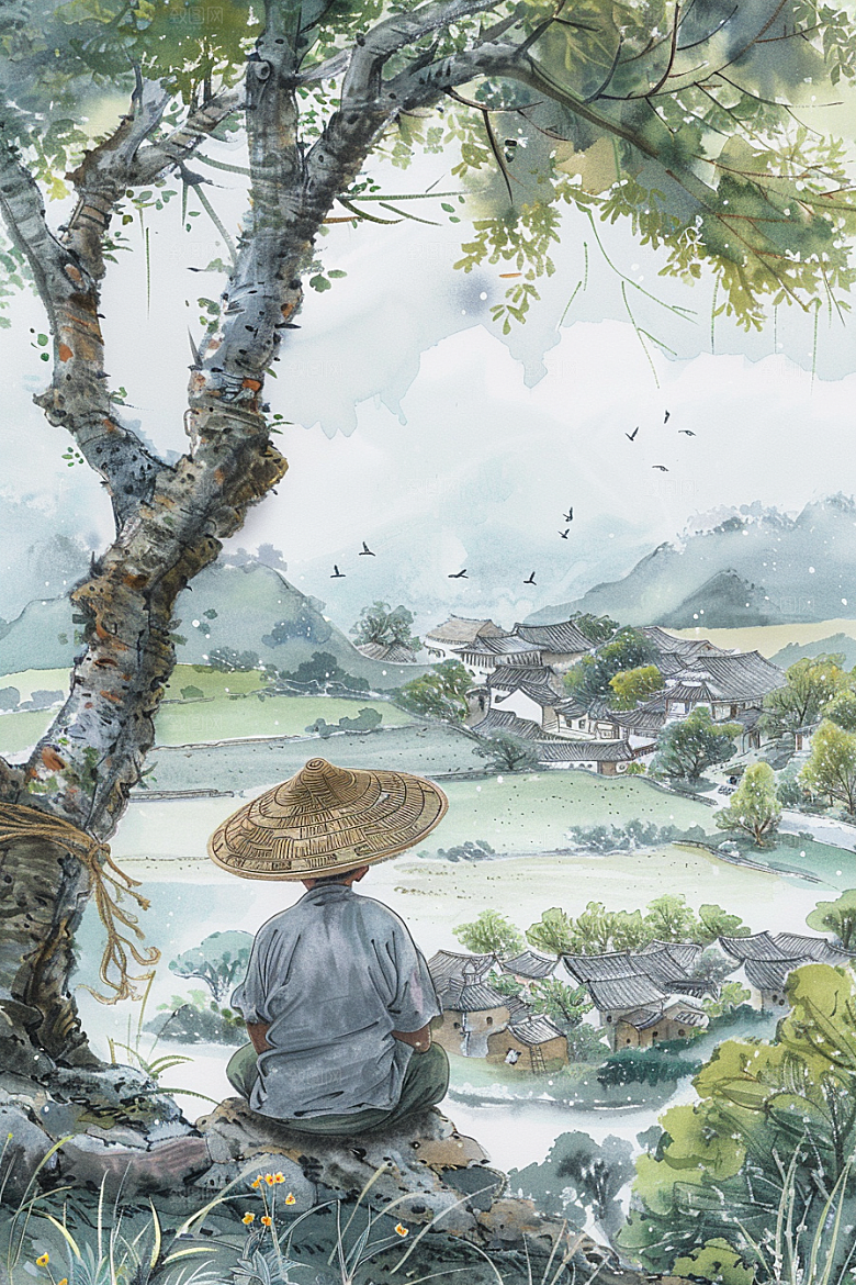 牧童骑牛笛声悠悠手绘插画
