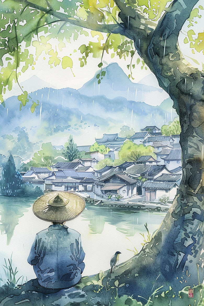 牧童骑牛田园风光水彩插画