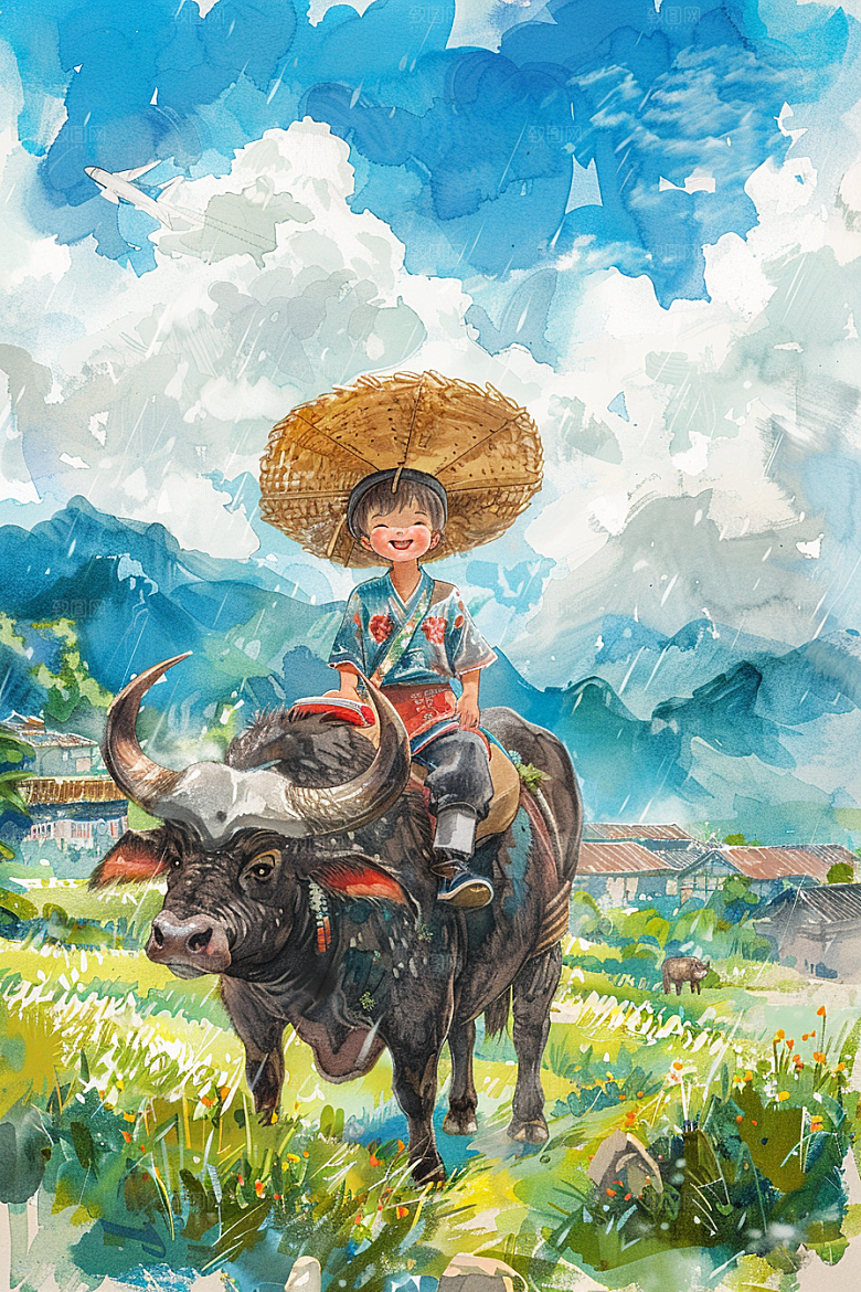 牧童骑牛吹笛田园风光插画