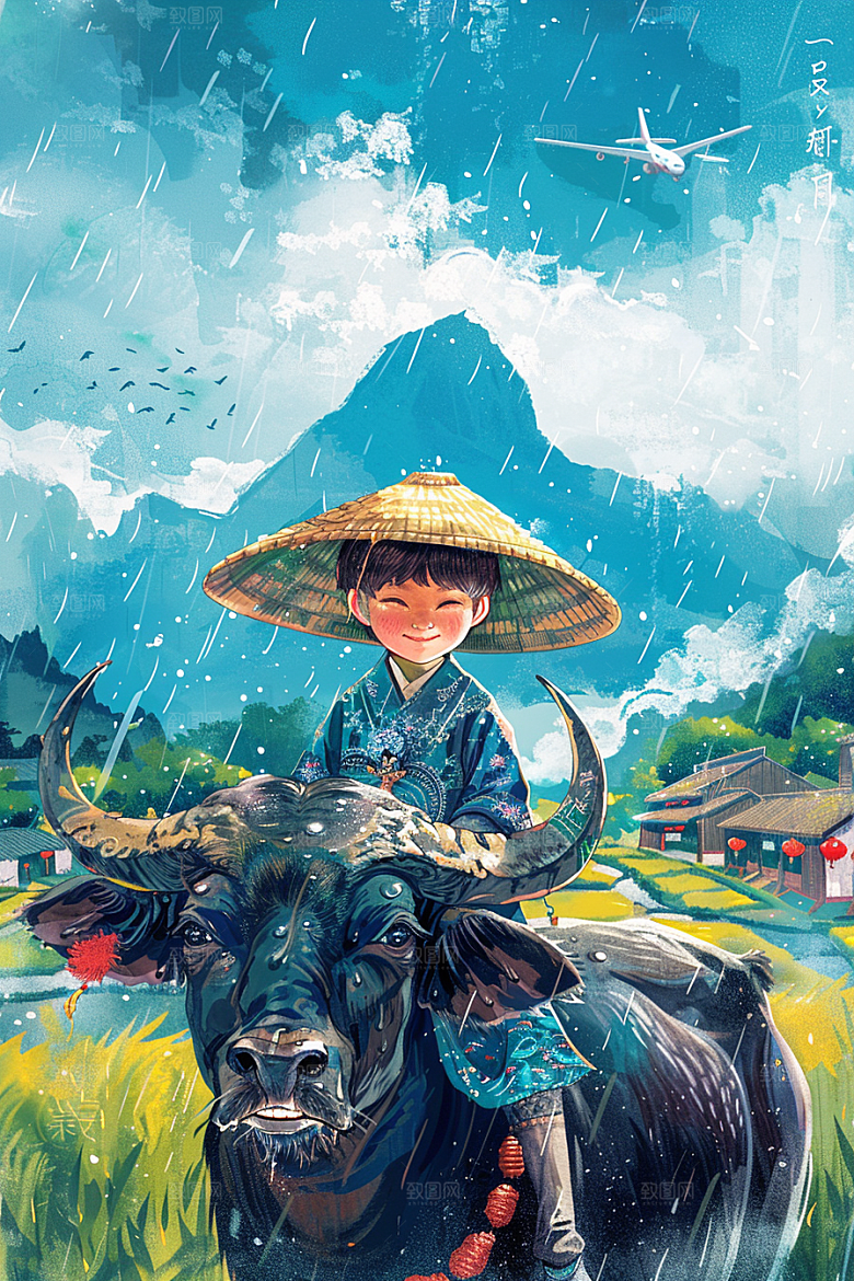 牧童骑牛笛声悠悠晕染插画
