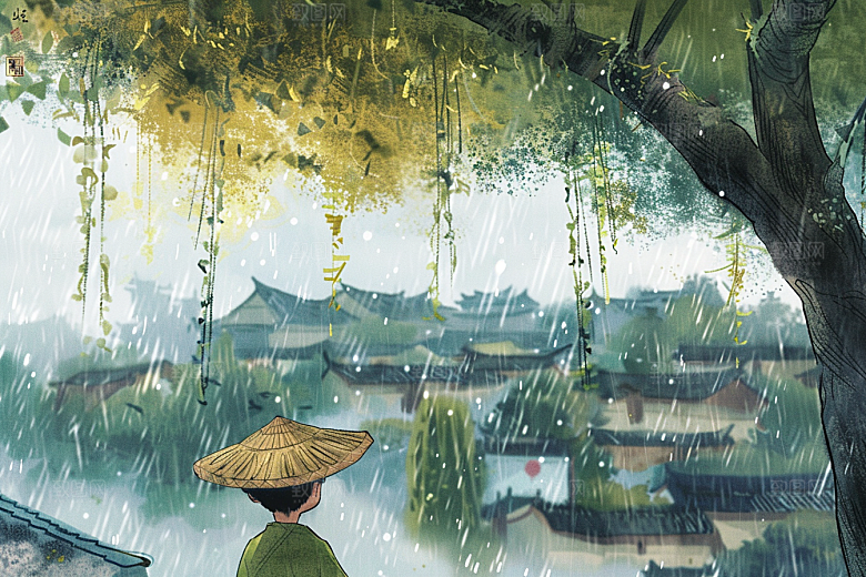 牧童骑牛清新水彩插画