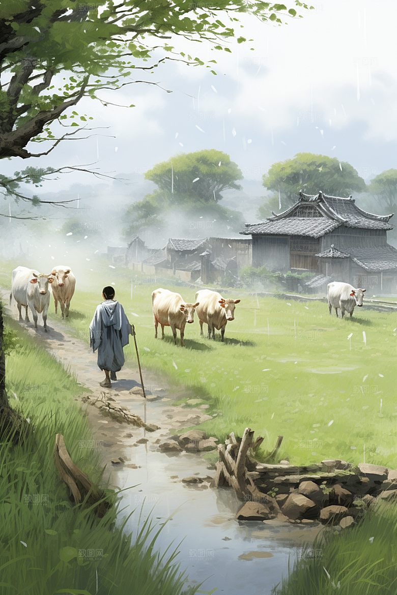 牧童骑牛笛声悠悠高清插画