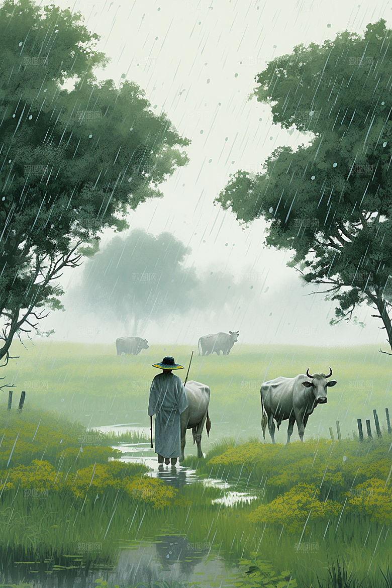 牧童骑牛田园风光吹笛插画