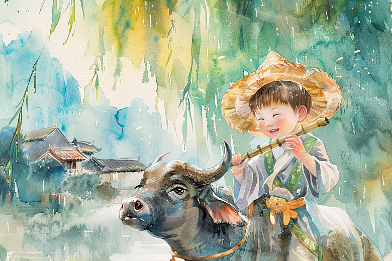 牧童骑牛清新晕染插画