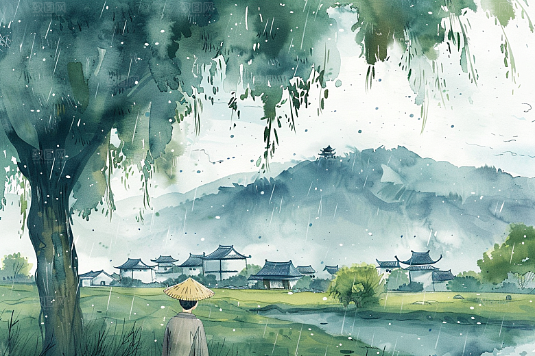 牧童骑牛吹笛田园风光插画