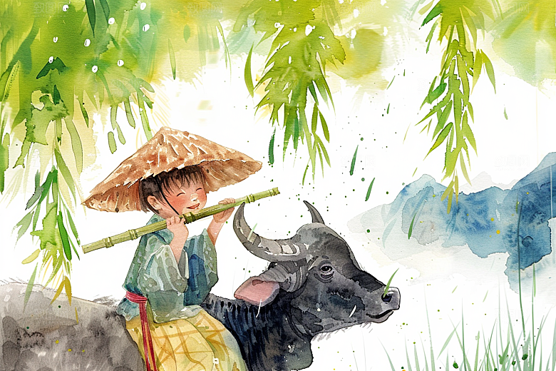 牧童骑牛笛声悠悠水彩插画