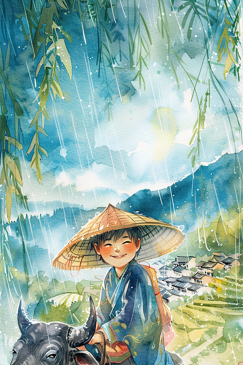 牧童骑牛手绘田园风光插画