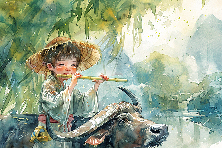 牧童骑牛清明节手绘插画