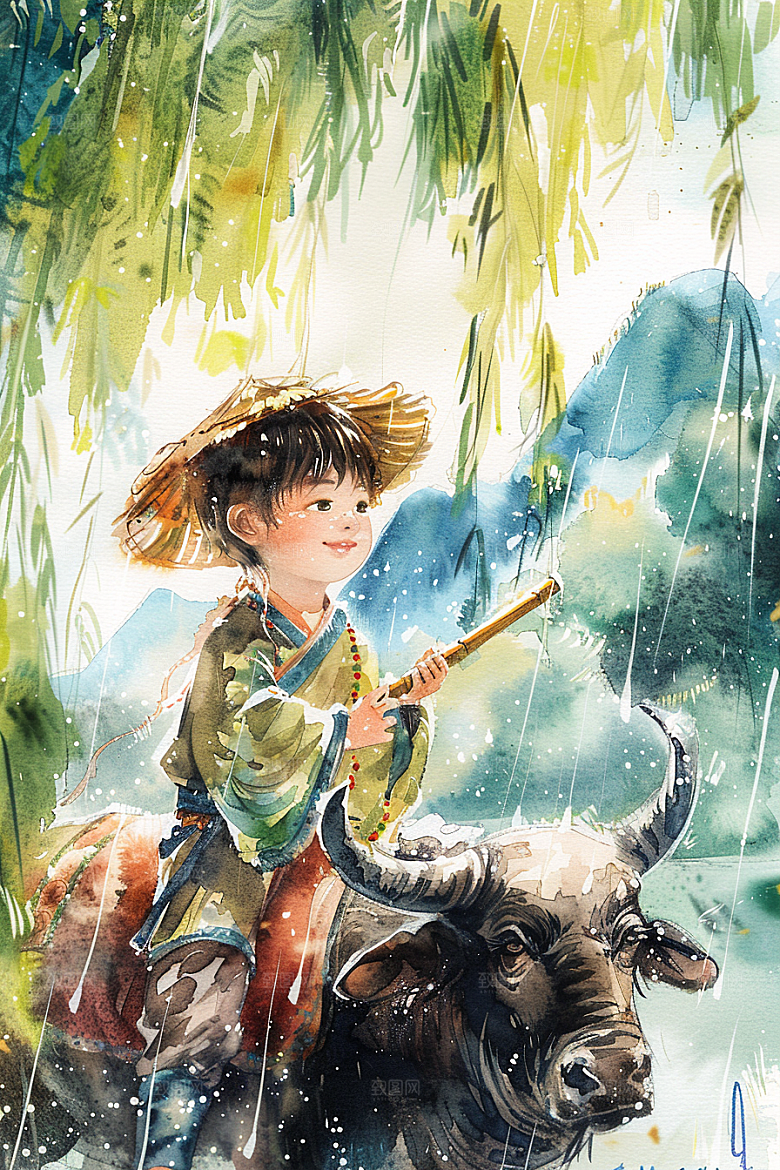牧童骑牛艺术田园风光插画
