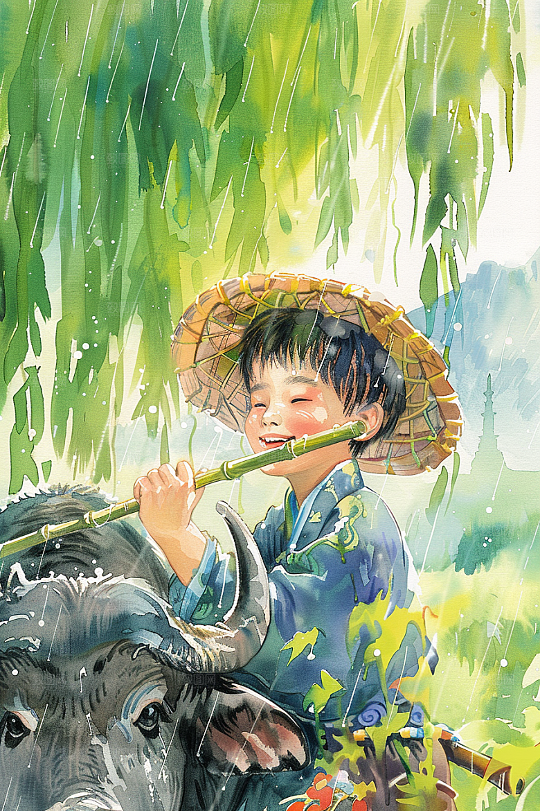 牧童骑牛田园风光艺术插画