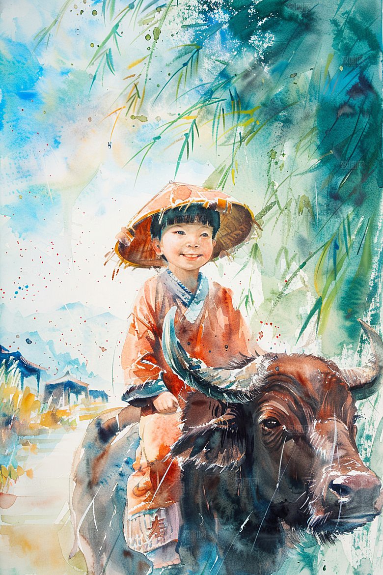牧童骑牛笛声悠悠清明节插画