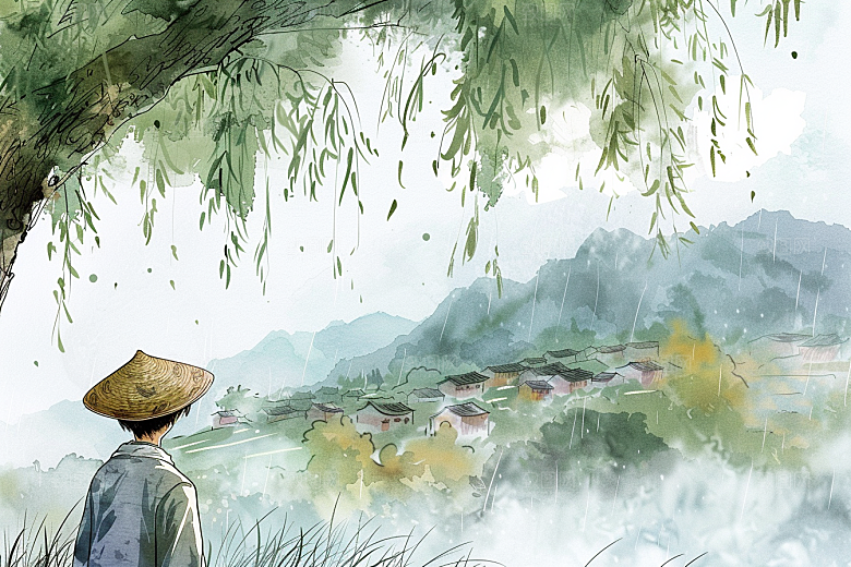 牧童骑牛清新水彩插画