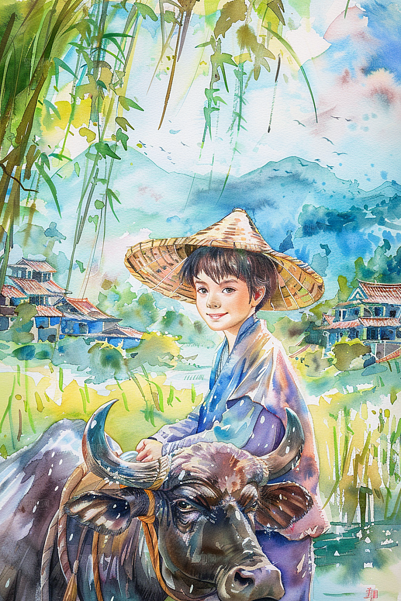 牧童骑牛水彩笛声悠悠插画