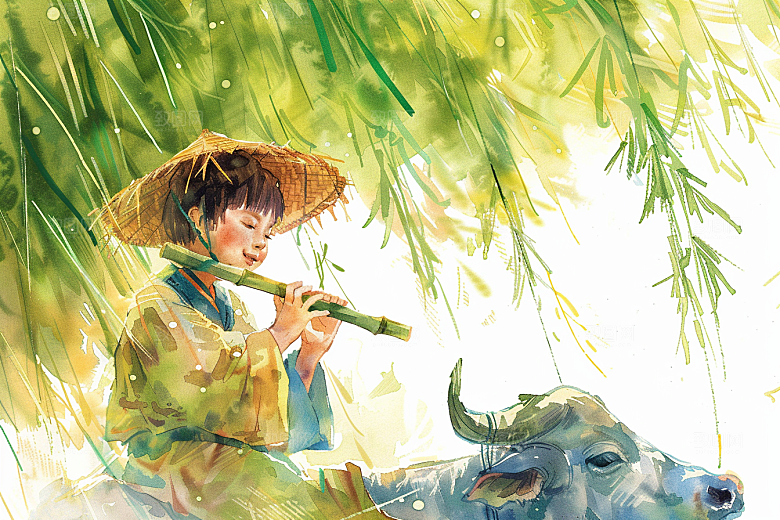 牧童骑牛清明节田园风光插画