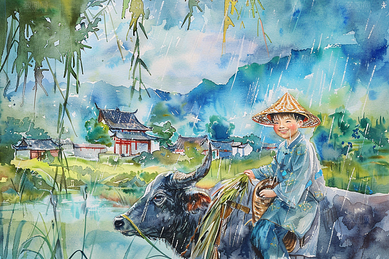 牧童骑牛清新水彩插画