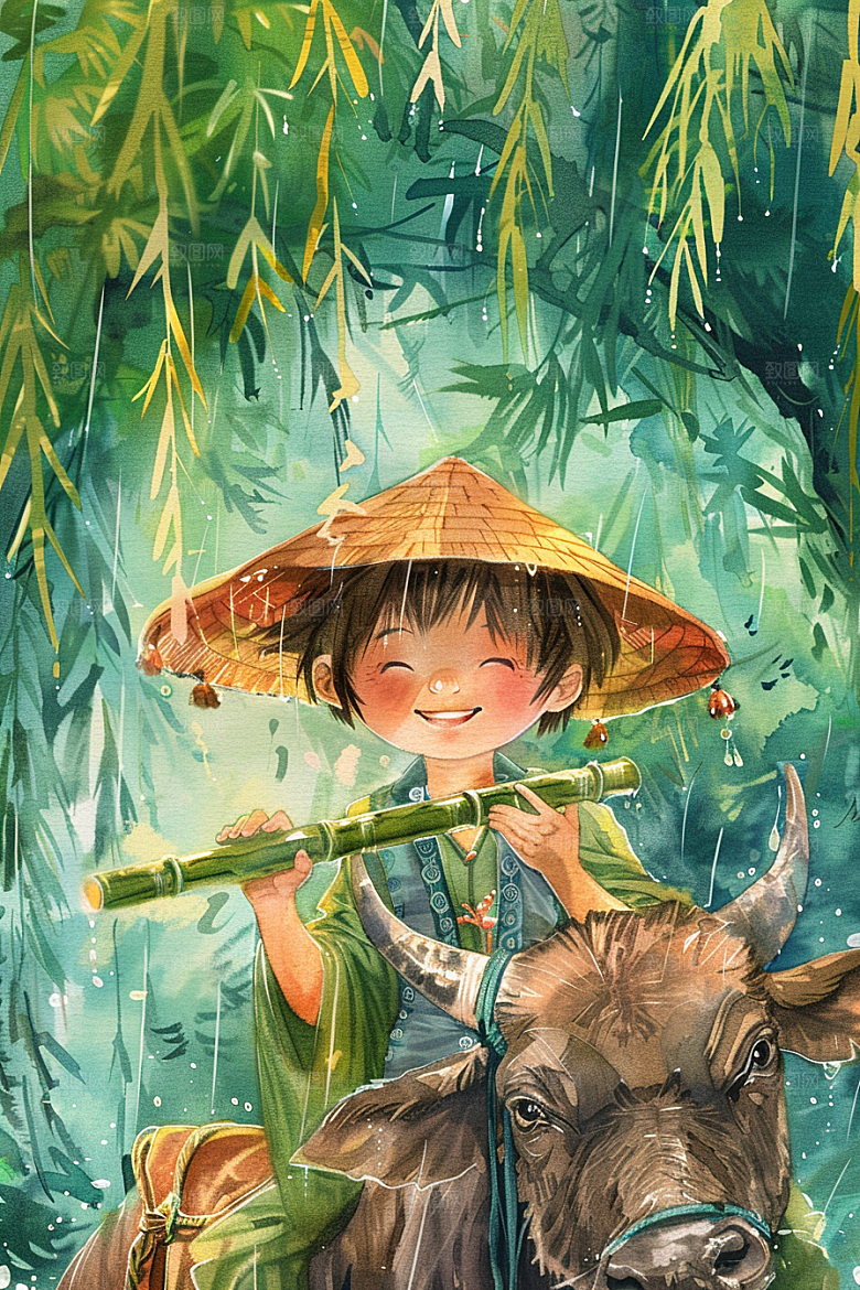 牧童骑牛水彩晕染插画