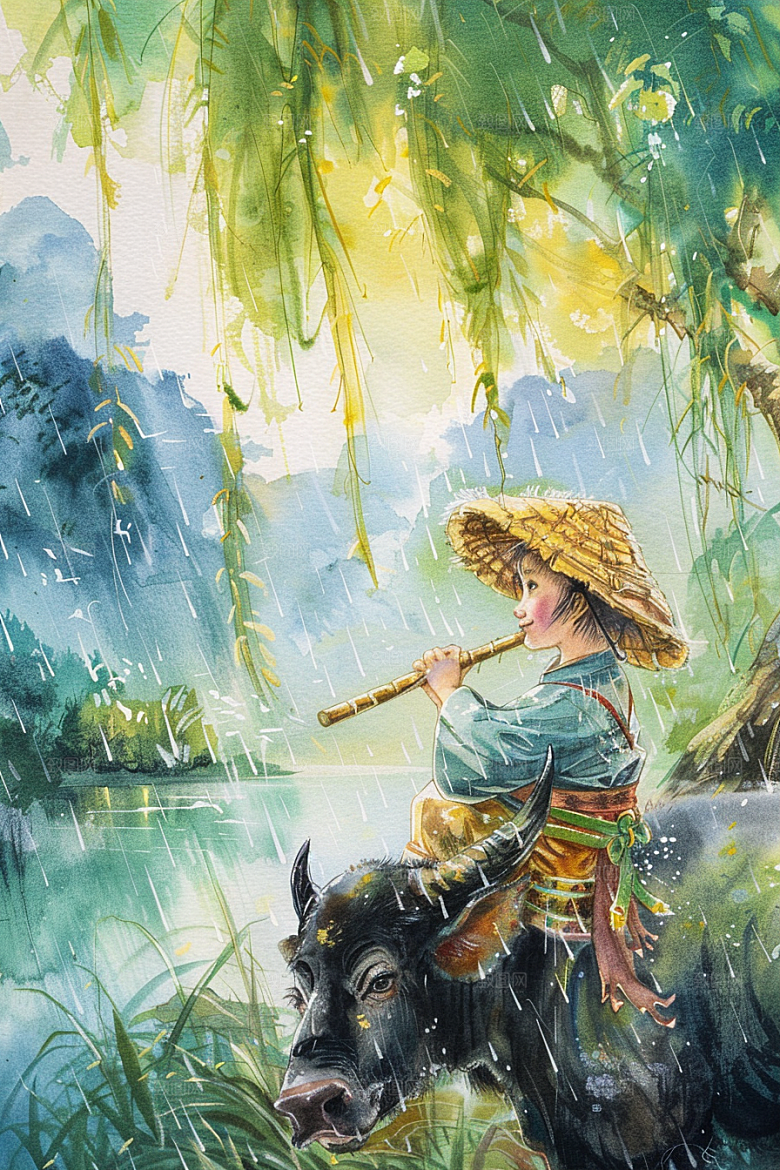 牧童骑牛清新清明节插画