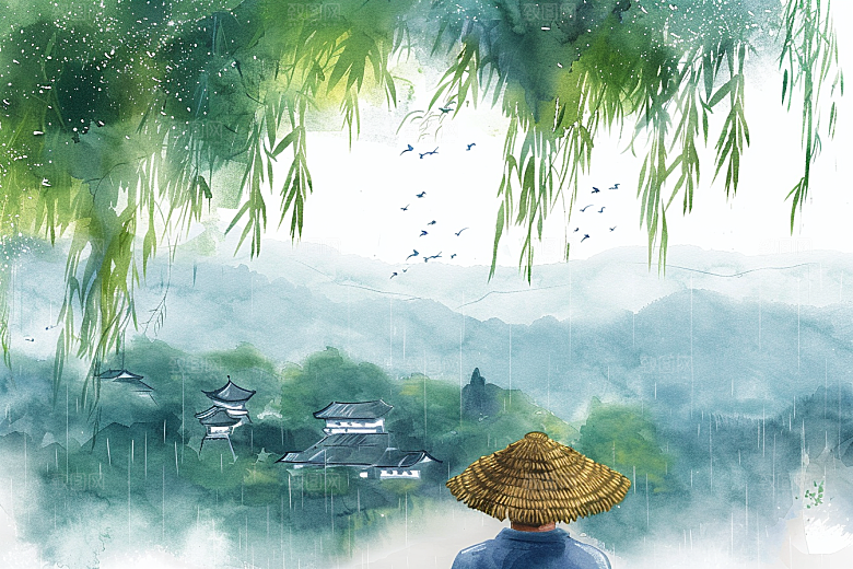 牧童骑牛吹笛笛声悠悠插画