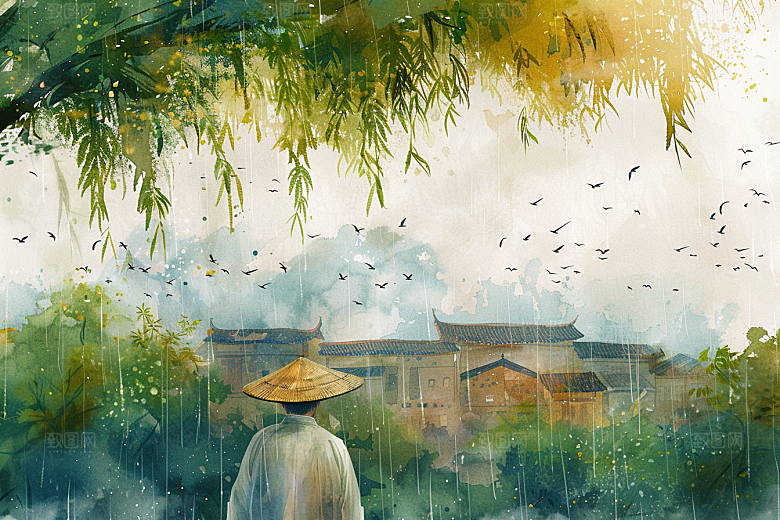 牧童骑牛艺术水彩插画