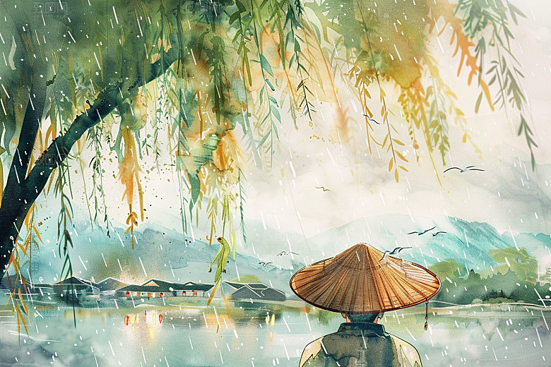 牧童骑牛吹笛手绘插画