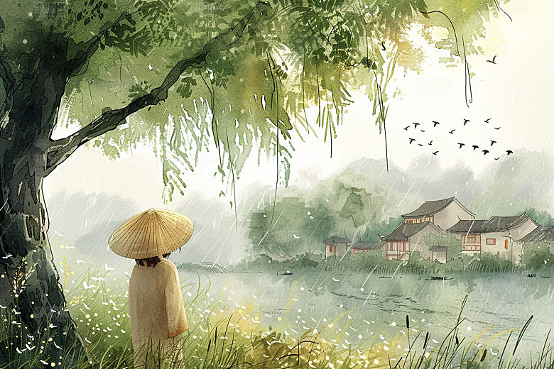牧童骑牛清新晕染插画