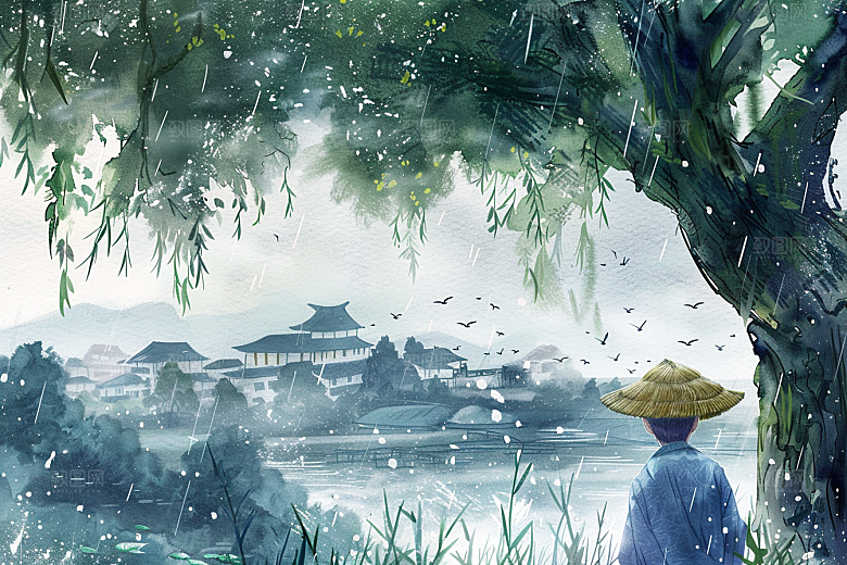 牧童骑牛水彩手绘插画
