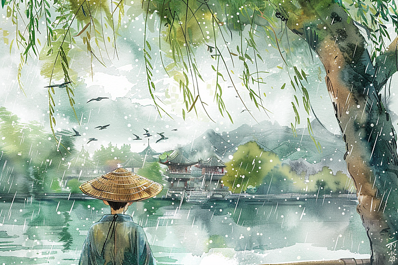 牧童骑牛田园风光高清插画