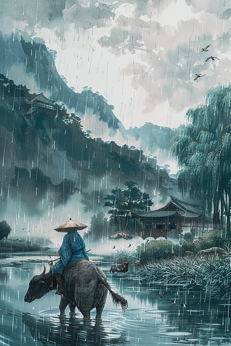 牧童骑牛水彩吹笛插画